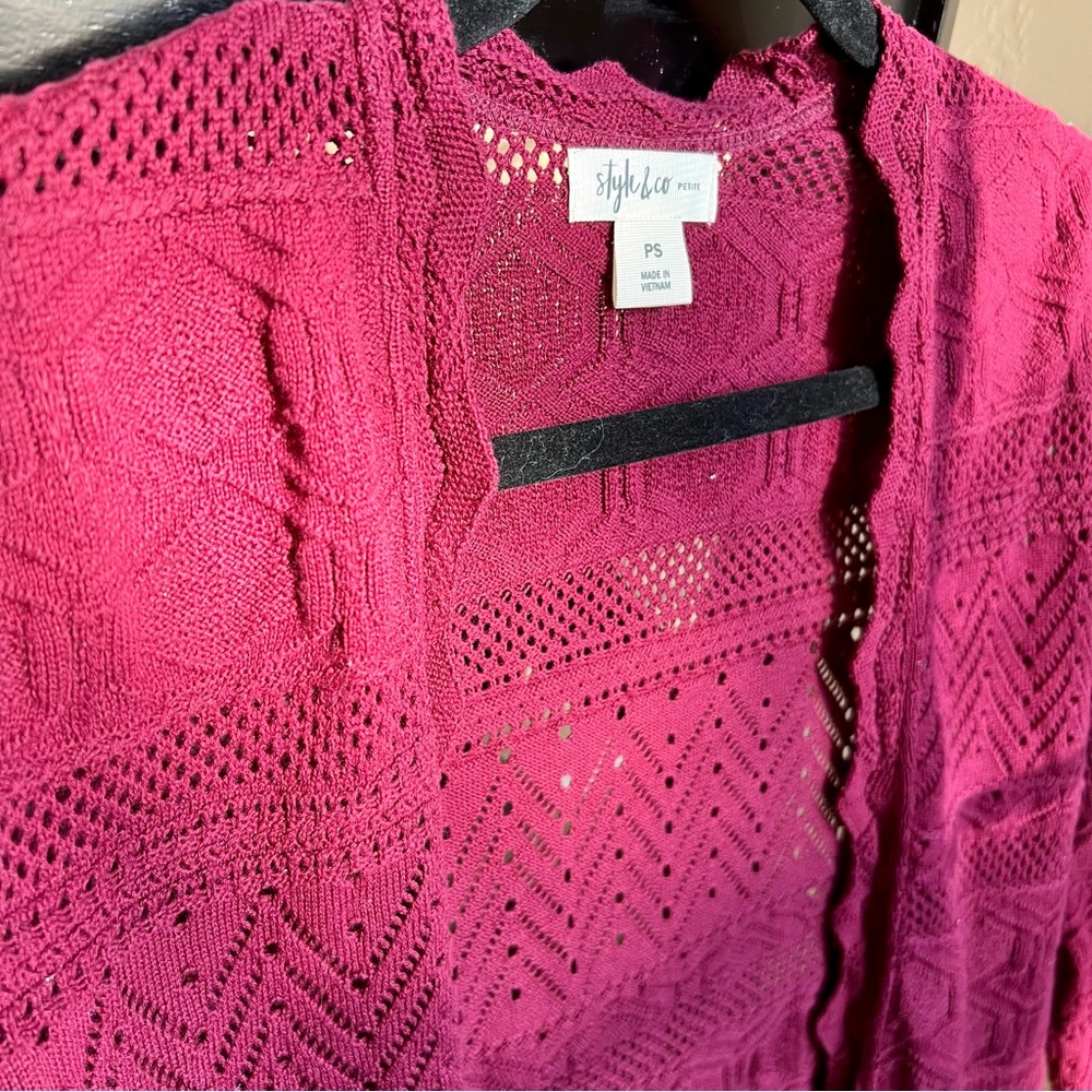 Style & Co. Knit open long sleeve cardigan sweater, pink/berry sz small/petite
